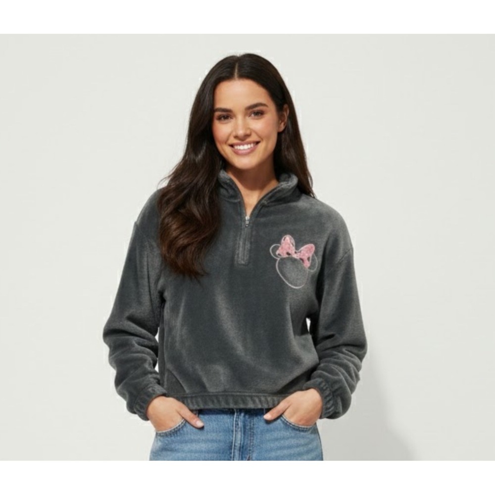 Disney Mickey‎ and Friends Gray Velour Quarter Zip Pullover Sweatshirt Womens M
